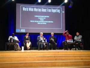 L-r Antoine Kaburahe, Melody Patry, Jean-Paul Marthoz, Thierry Chervel, Abdualla Maksour and Rudi Vranckx at the Difference Day World Wide Worries About Free Reporting debate