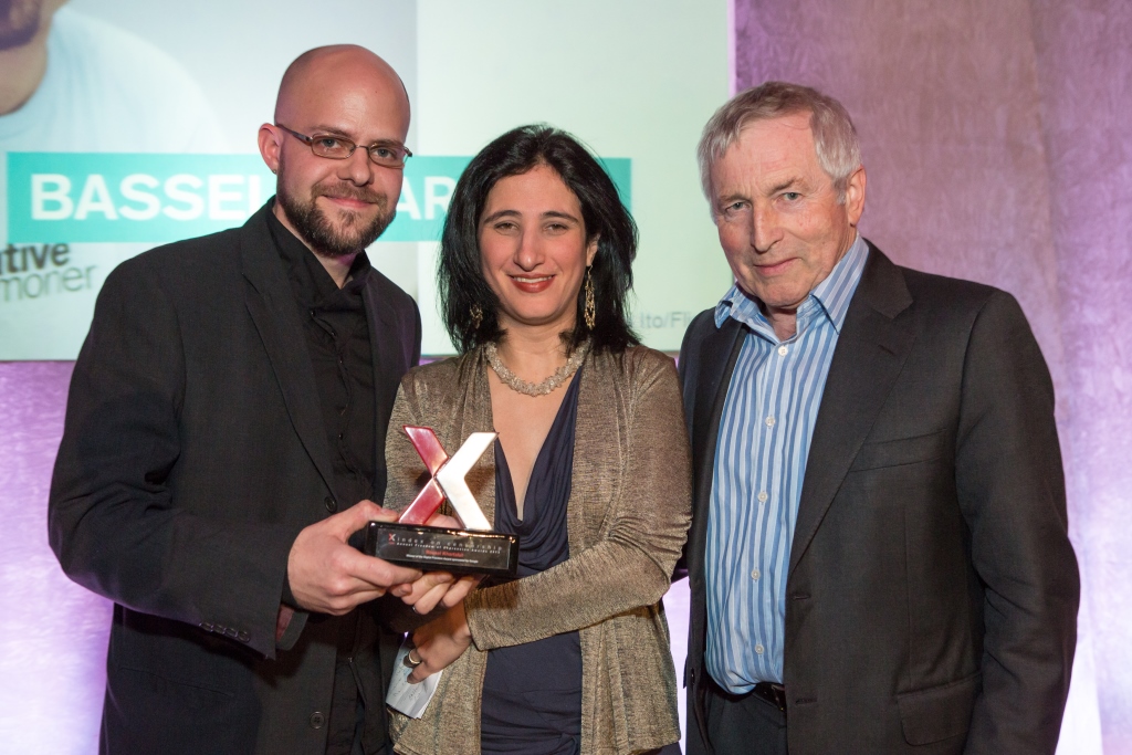 Bassel Khartabil, winner of the 2013 Freedom of Expression Digital Activism Award, was in prison when he won the award. His friends accepted the award on his behalf. From left: Jon Phillips, Dana Trometer and then-chair of Index on Censorship Jonathan Dimbleby.