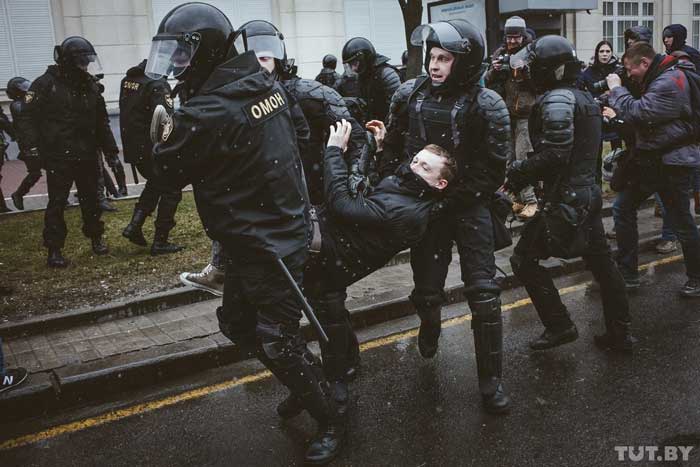 Belarusian police detain Belarus Free Theatre's Siarhai Kvachonok on Saturday March 25 2017 during protests against Presidential Decree No 3, which imposes a tax on unemployed people.