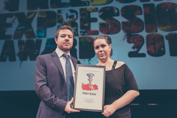 Alp Toker and Isik Mater of Digital Activism Award-winning Turkey Blocks at the 2017 Freedom of Expression Awards