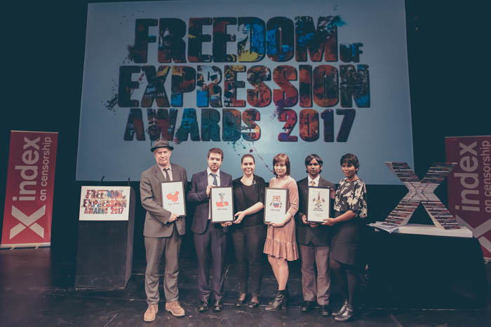 From left: Cartoonist Martin Rowson accepting the Arts Award on behalf of Chinese cartoonist Rebel Pepper; Alp Toker of Digital Activism Award-winner Turkey Blocks; Isik Mater of Digital Activism Award-winner Turkey Blocks; Anastasia Zotova, wife and campaign partner of Campaigning Award-winner Ildar Dadin; Ahemd Naish, editor of Journalism Award-winning Maldives Independent; Zaheena Rasheed, former editor of Journalism Award-winning Maldives Independent. (Photo: Elina Kansikas for Index on Censorship)