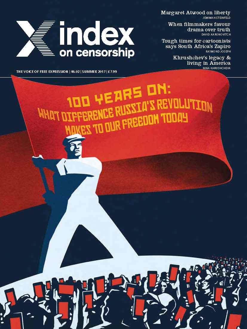 100 years on, the summer 2017 issue of Index on Censorship magazine explores the legacy of the Russian revolution. (Illustration: Ben Jennings for Index on Censorship)