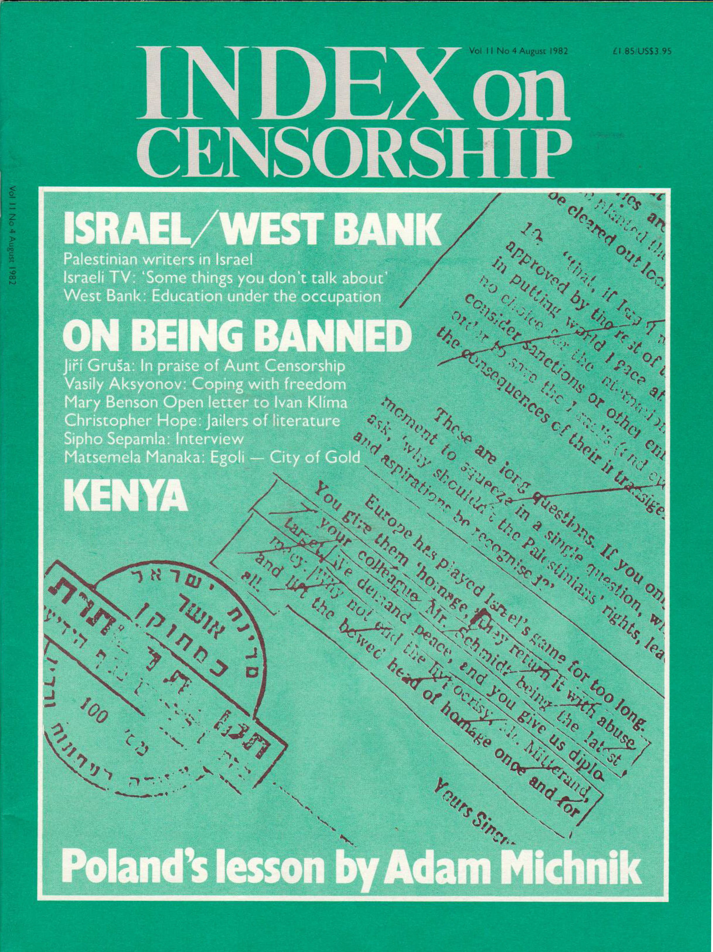 Israel/West Bank the August 1982 issue of Index on Censorship magazine.