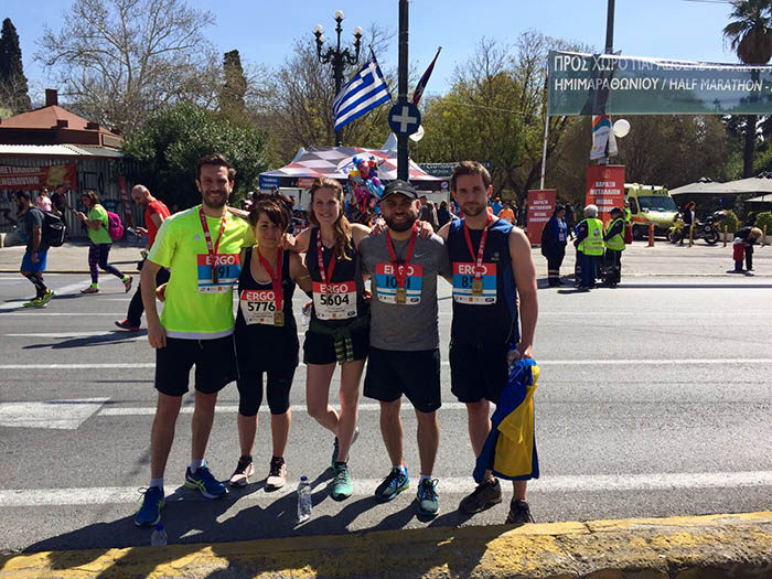 Runners in Athens: James Fox, Miriam Betz Heinemann, Vicky Baker, Dave Depares and David Heinemann