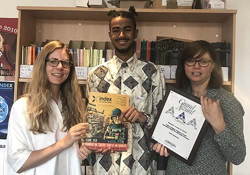 Jemimah Steinfeld, deputy editor of Index on Censorship magazine, Kieran Etoria-King, editorial assistant, and Rachael Jolley, editor.