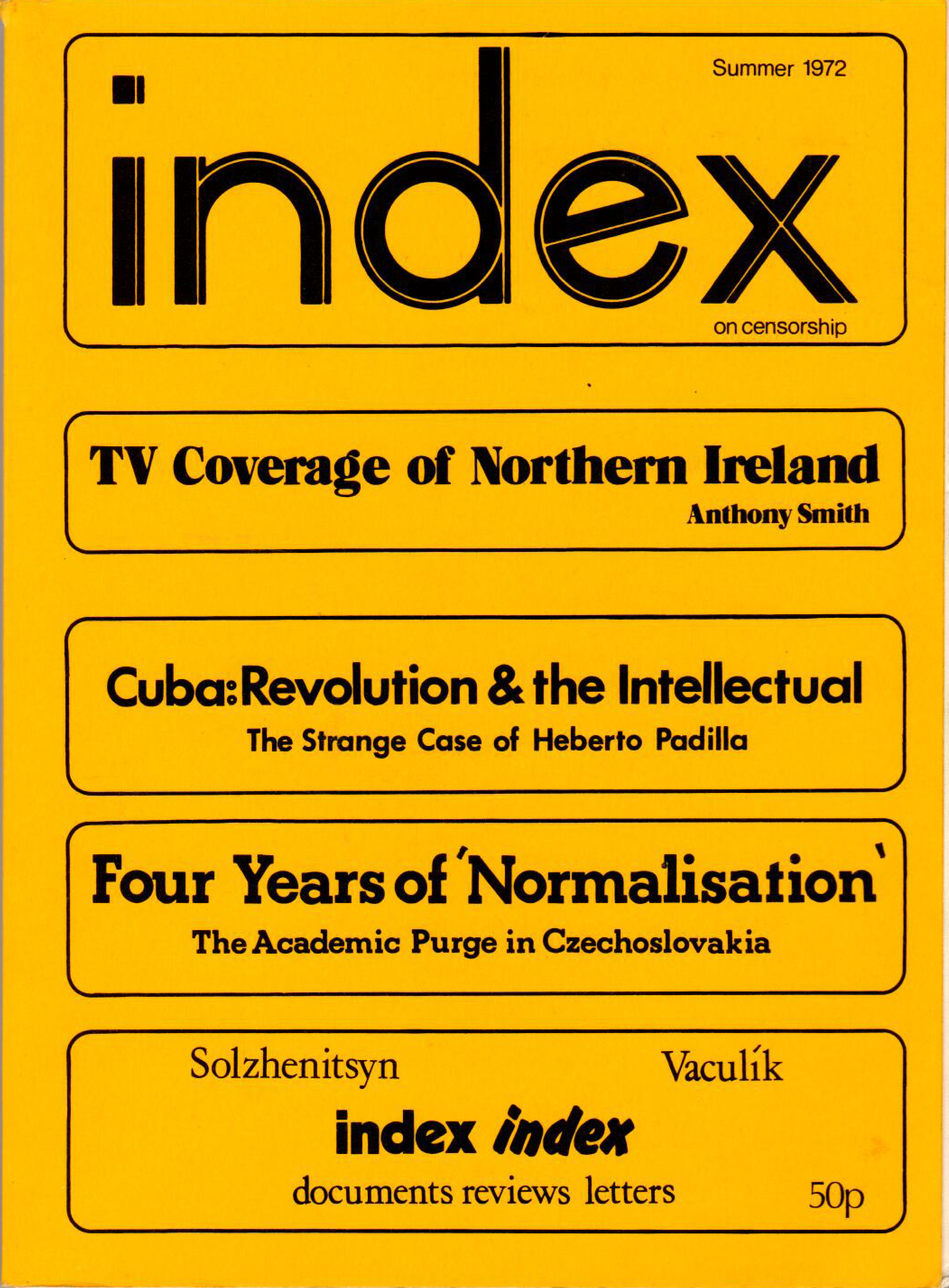 TV coverage of Northern Ireland, the Summer 1972 issue of Index on Censorship magazine