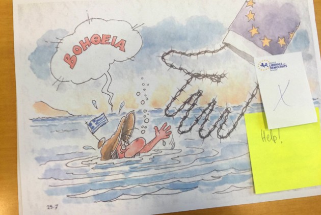 Spyros Ornerakis' editorial cartoon removed from a European Parliament exhibition. Credit: Stelios Kouloglou, MEP