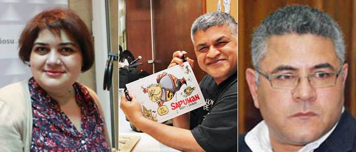 Khadija Ismayilova, Zunar and Gamal Eid have been subjected to travel bans by their governments. (Photos: OCCRP, Zunar, Mada Masr)