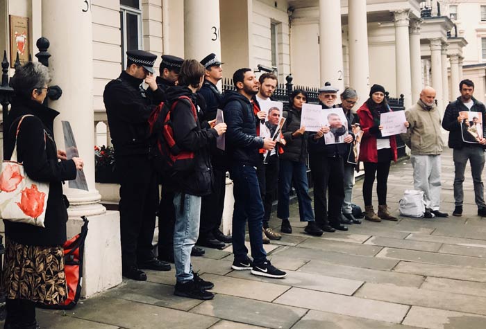 Protesters call for freedom for Nabeel Rajab outside the Bahraini embassy in London.