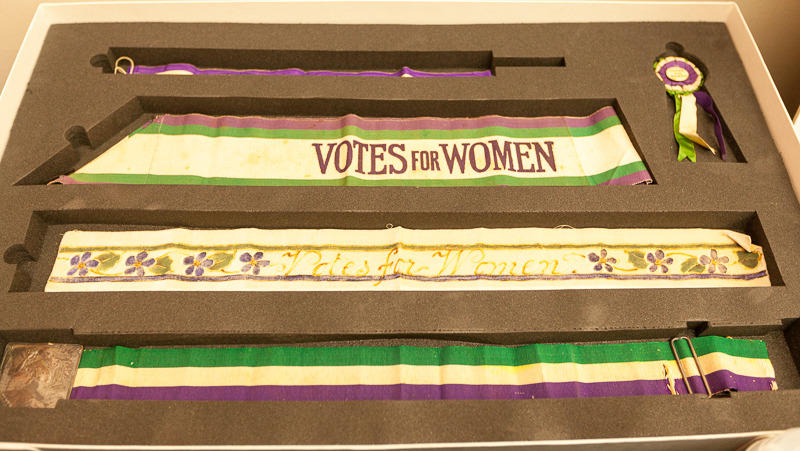 Suffragette sashes at the launch of What price protest? (Photo: Sean Gallagher / Index on Censorship)