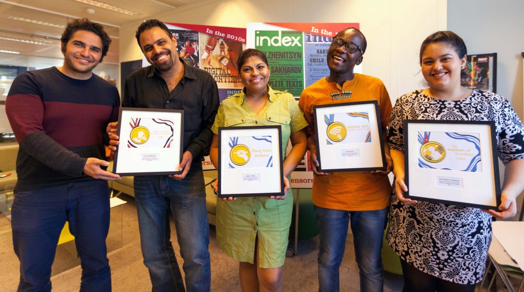 From right: Human rights defenders Mohamed Sameh and Ahmad Abdallah of 2018 Freedom of Expression Campaigning Award-winning Egypt Commission on Rights and Freedoms; 2018 Freedom of Expression Journalism Award-winning Honduran investigative journalist Wendy Funes; Congolese digital activist Guy Muyembe of 2018 Freedom of Expression Digital Activism Award-winning Habari RDC; Perla Hinojosa, Fellowship and Advocacy Officer at Index on Censorship, holds the 2018 Freedom of Expression Arts Award for Cuban arts collective Museum of Dissidence, who could not attend the Freedom of Expression Awards. (Photo: Index on Censorship)