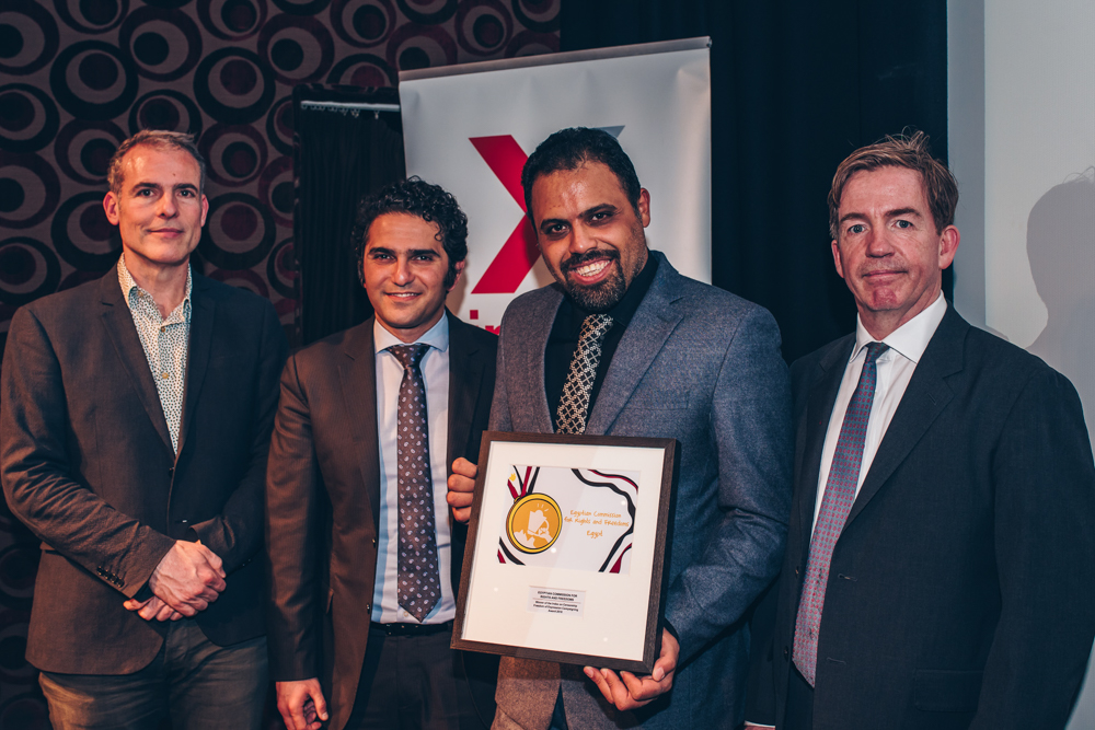 Ziyad Marar, Global Publishing Director of SAGE Publishing, Mohamed Sameh and Ahmad Abdallah of the 2018 Campaigning Award-winning Egyptian Commission for Rights and Freedoms, and 2018 Campaigning Award sponsor Doughty Street Chambers Barrister and 2018 Freedom of Expression Awards judge Tim Moloney QC at the 2018 Index on Censorship Freedom of Expression Awards (Photo: Elina Kansikas)