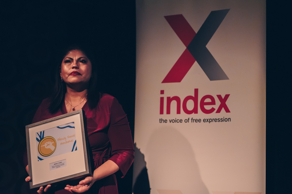 2018 Freedom of Expression Journalism Award-winner and 2018 Journalism Fellow Honduran investigative journalist Wendy Funes at the 2018 Index on Censorship Freedom of Expression Awards (Photo: Elina Kansikas)