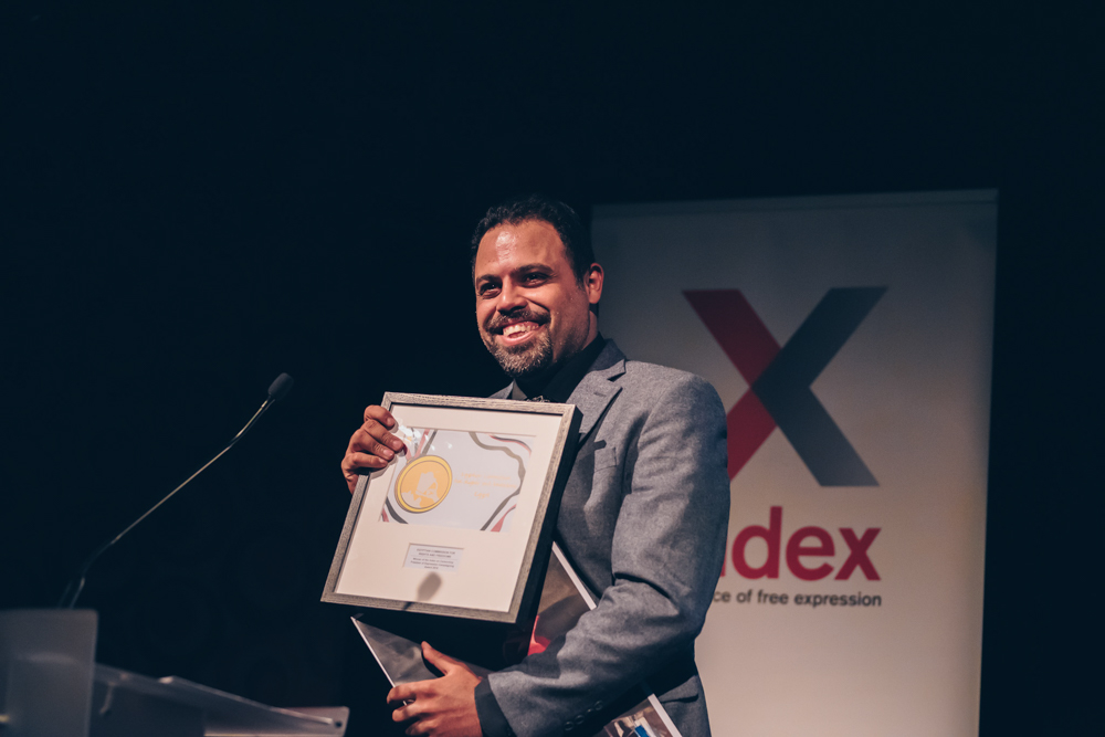 Ahmad Abdallah of Campaigning Award-winning Egyptian Commission for Rights and Freedoms at the 2018 Index on Censorship Freedom of Expression Awards (Photo: Elina Kansikas)