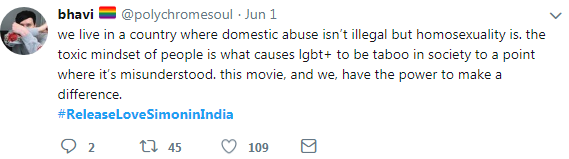 tweet- Domestic abuse isn't illegal but homosexuality is.