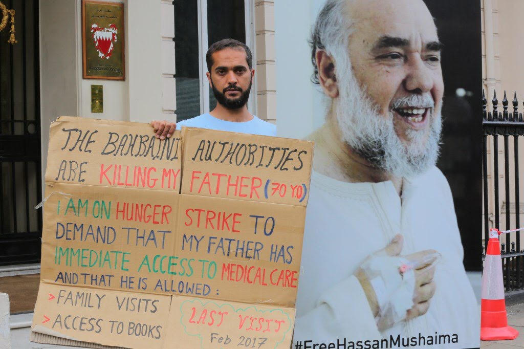 The Bahraini human rights mechanisms have largely failed to properly address concerns raised on behalf of Hassan Mushaima, and his life remains at risk. Because of this, his son, Ali Mushaima, is on a hunger strike outside of Bahrain’s Embassy in London.