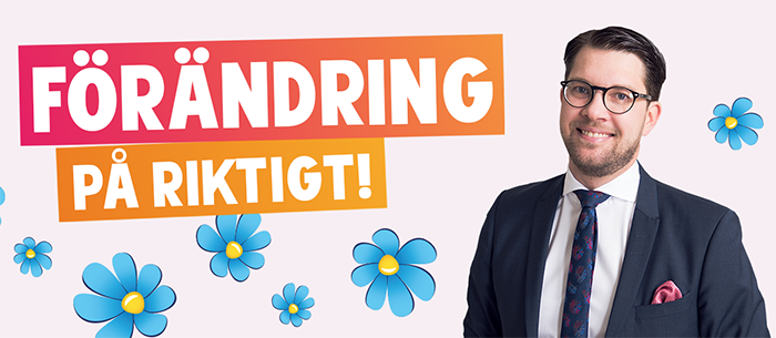 An image from the website of the right-wing populist Sweden Democrats, who changed their logo from a National Front-esque torch to a flower in an effort to clean up their image. 