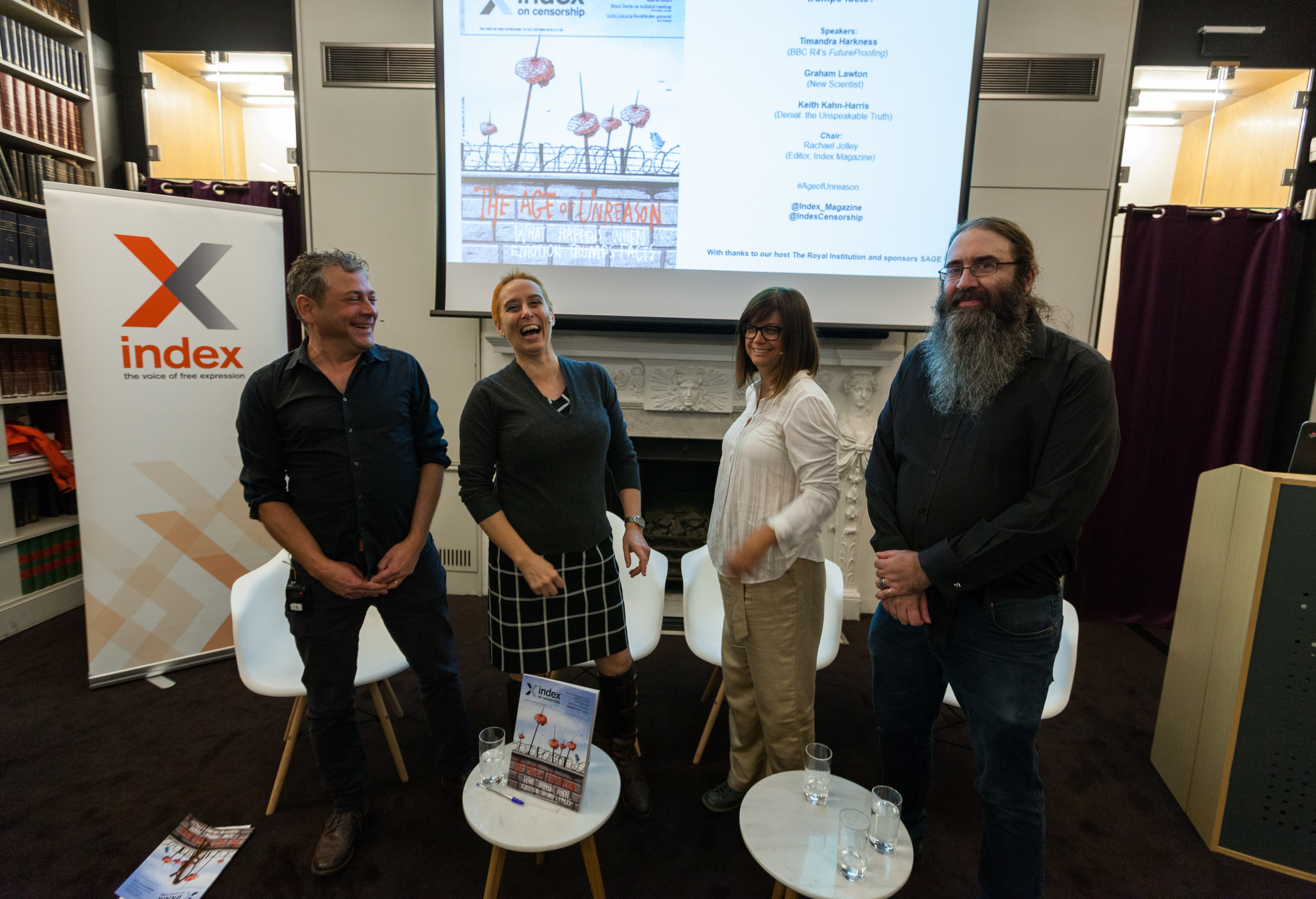 From left: Graham Lawton of the New Scientist; BBC Radio 4’s FutureProofing series presenter Timandra Harkness; Rachael Jolley, editor of Index on Censorship magazine; Keith Kahn-Harris, sociologist and author of Denial: The Unspeakable Truth (Photo: Sean Gallagher / Index on Censorship)