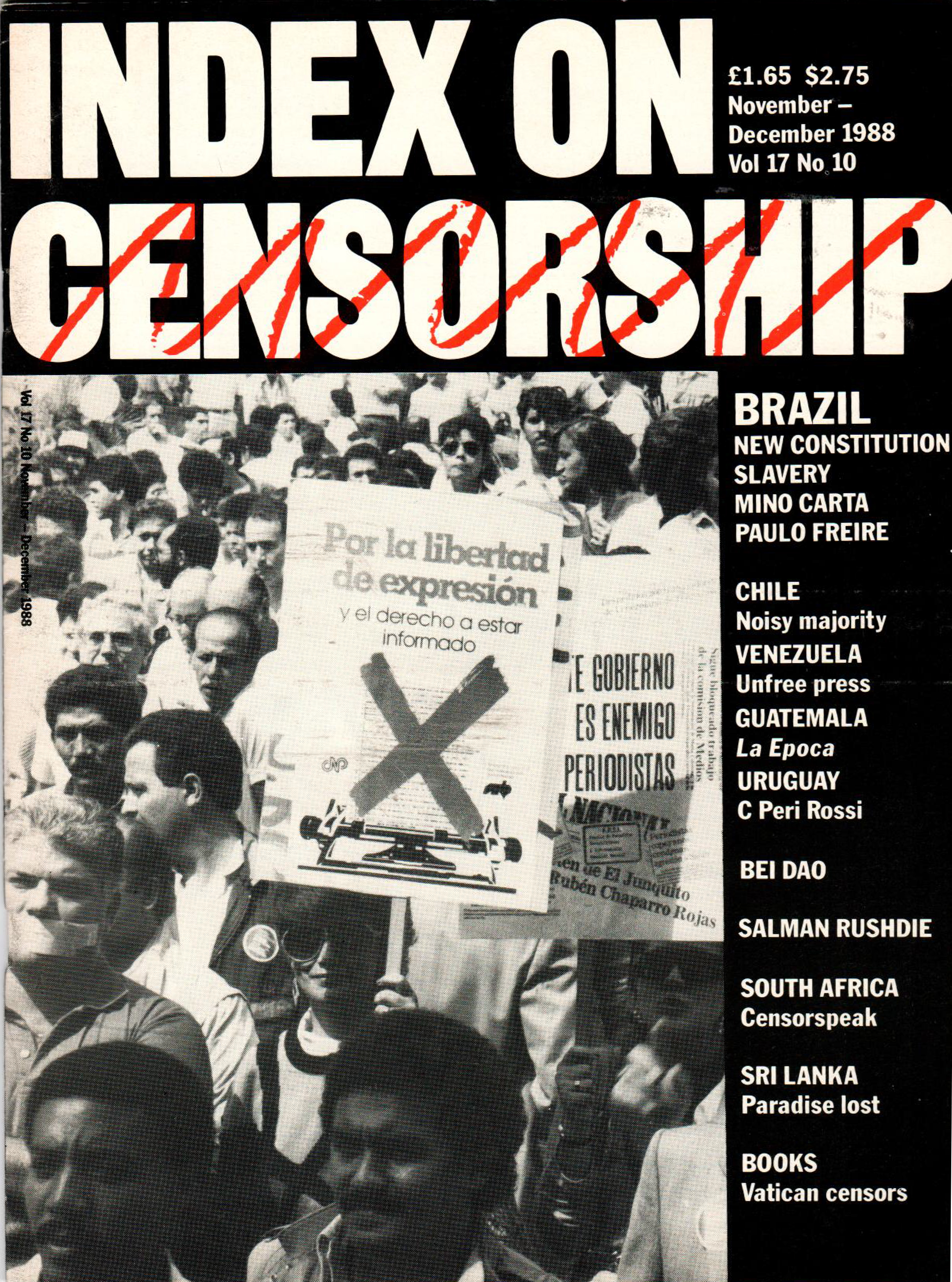 Brazil: New constitition slavery, the November-December 1988 issue of Index on Censorship magazine.