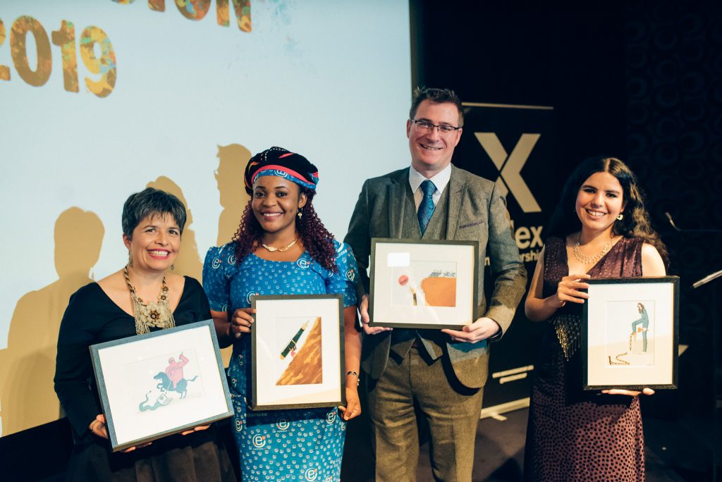 The 2019 Freedom of Expression Awards Fellows (from left): Carolina Botero Cabrera, executive director of digital activism award-winning Fundación Karisma; Journalism award-winning journalist Mimi Mefo; Terry Anderson, deputy executive director of campaigning award-winning Cartoonist Rights Network International; Arts award-winning Zehra Doğan. (Photo: Elina Kansikas for Index on Censorship)