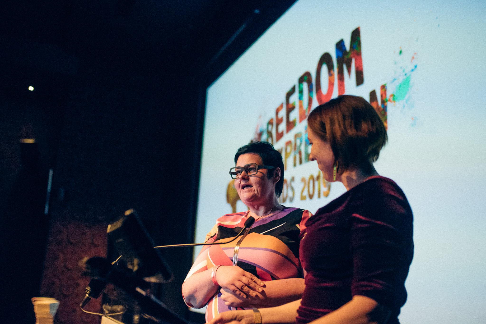 Christel Dahlskjaer, director of outreach at Private Internet Access (PIA) and Kate Devlin (Judge), writer and academic present the digital activism award. (Photo: Elina Kansikas for Index on Censorship)