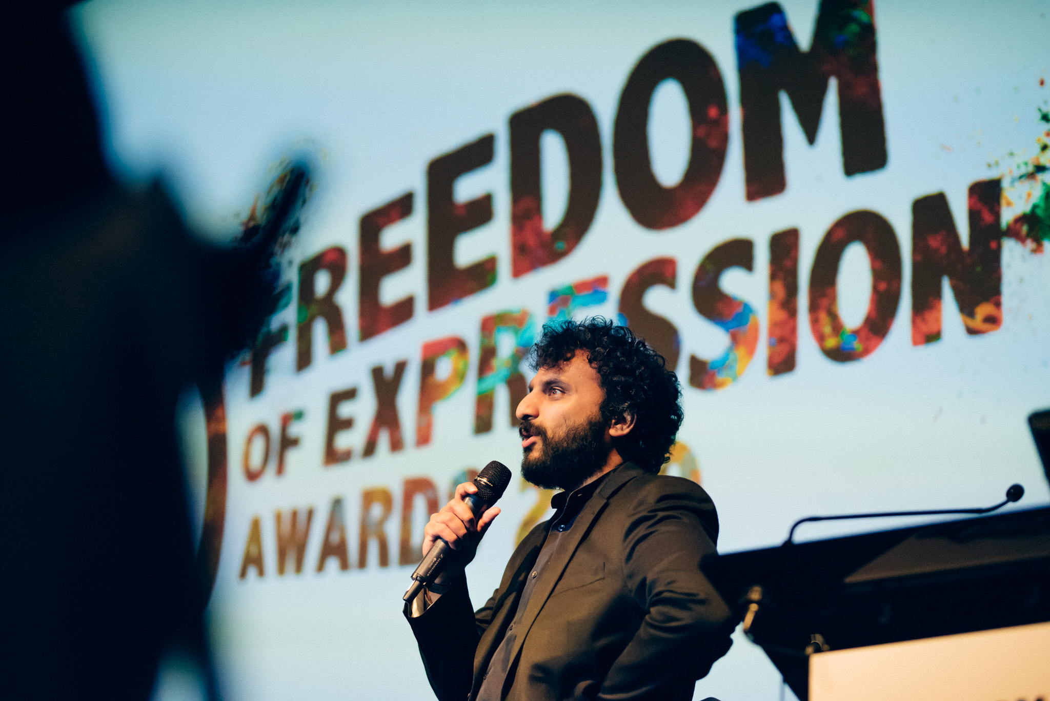 Comedian Nish Kumar hosts the 2019 Freedom of Expression Awards (Photo: Elina Kansikas for Index on Censorship)