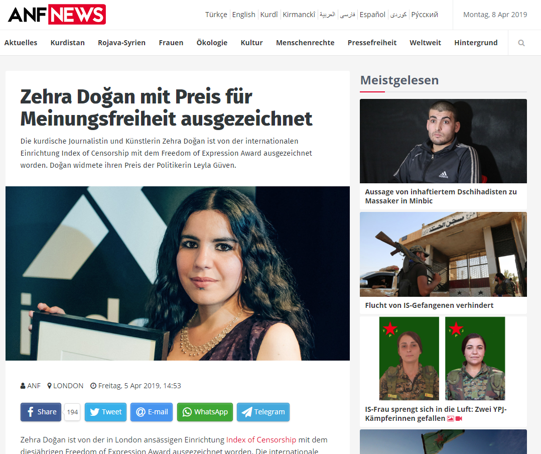 Zehra Doğan mit Preis für Meinungsfreiheit ausgezeichnet (ANFNews, 5 April 2019)