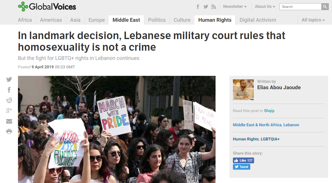In landmark decision, Lebanese military court rules that homosexuality is not a crime (Global Voices, 9 April 2019)