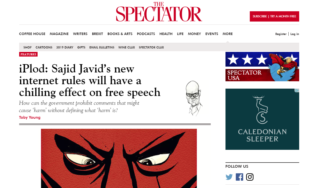iPlod: Sajid Javid’s new internet rules will have a chilling effect on free speech (Spectator, 13 April 2019)