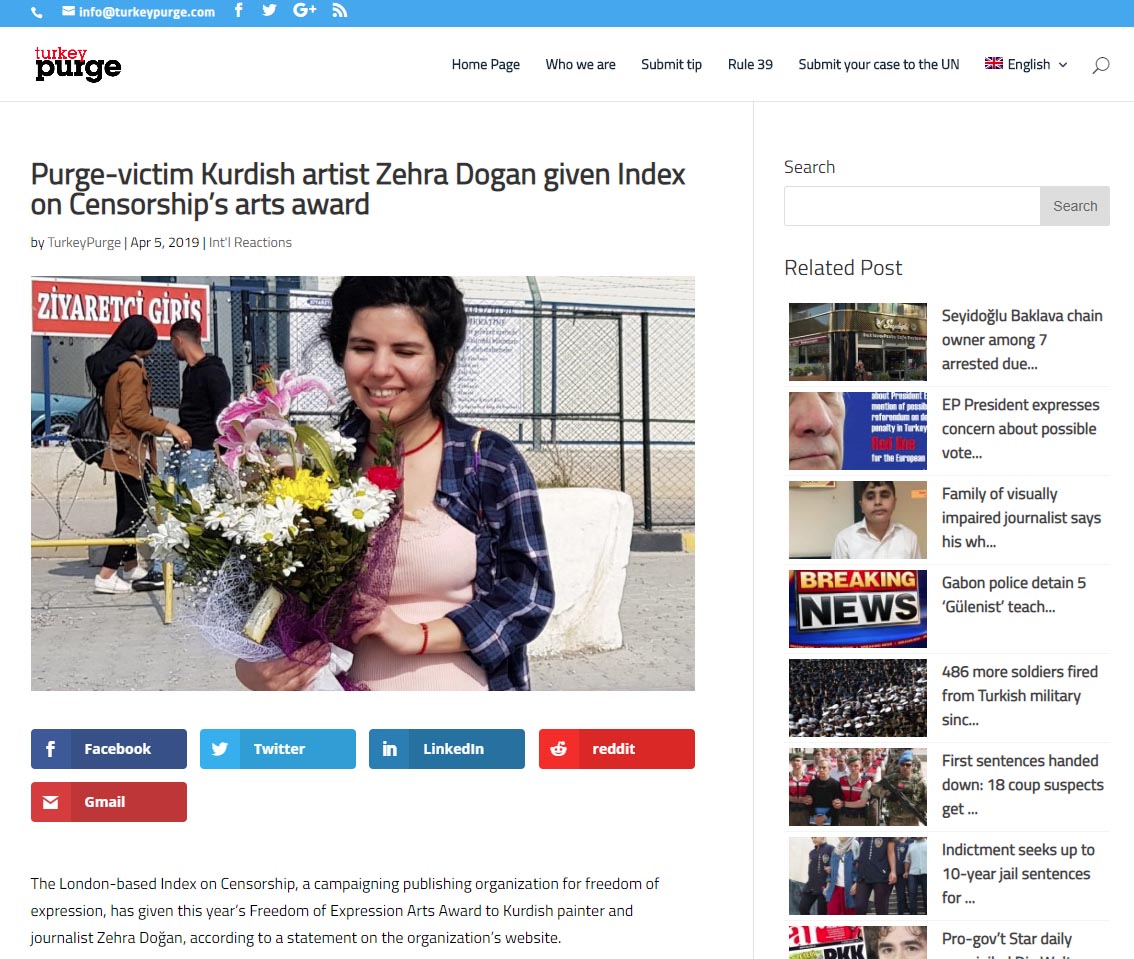 Purge-victim Kurdish artist Zehra Dogan given Index on Censorship’s arts award (Turkey Purge, 5 April 2019)