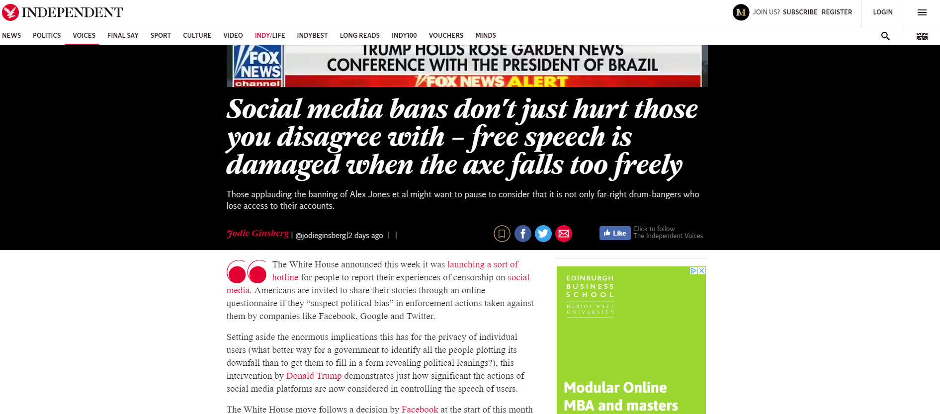 Social media bans don’t just hurt those you disagree with – free speech is damaged when the axe falls too freely (Independent, 17 May 2019)