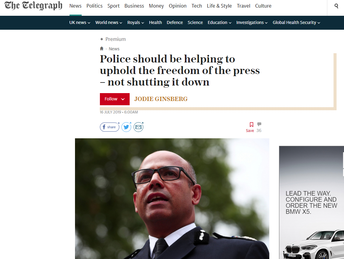Police should be helping to uphold the freedom of the press – not shutting it down (The Telegraph)