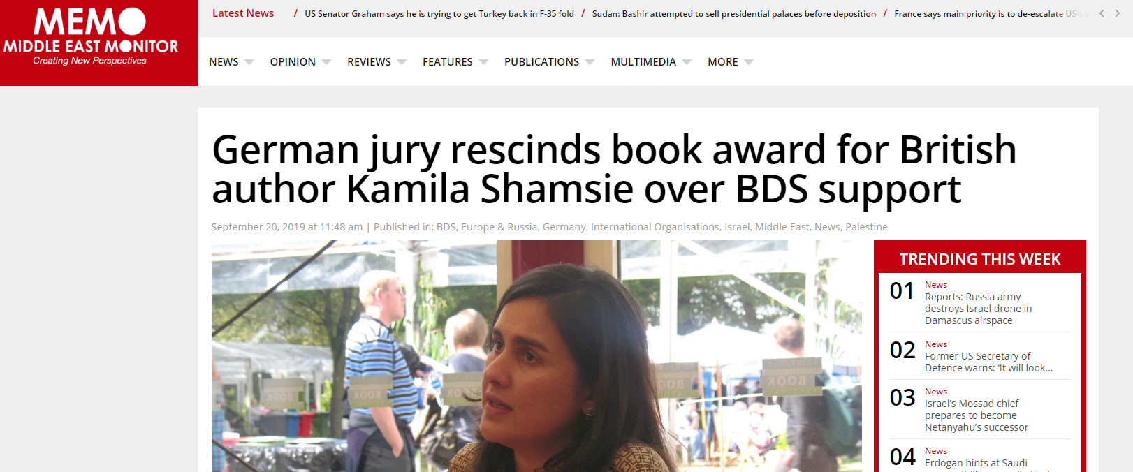 German jury rescinds book award for British author Kamila Shamsie over BDS support (Middle East Monitor)