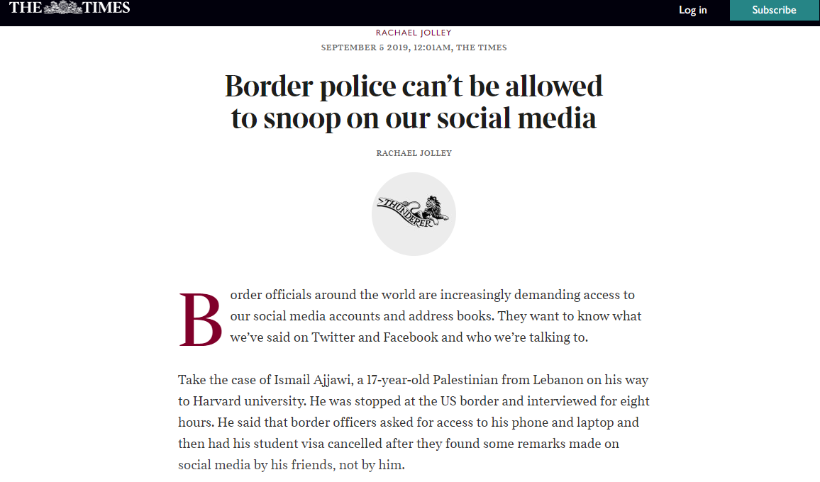 Border police can’t be allowed to snoop on our social media (The Times)