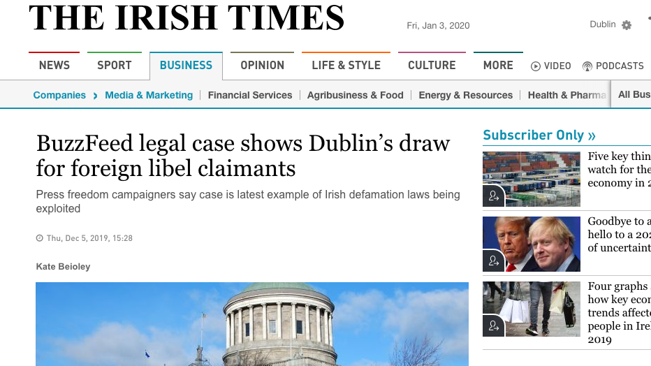 BuzzFeed legal case shows Dublin’s draw for foreign libel claimants (The Irish Times)