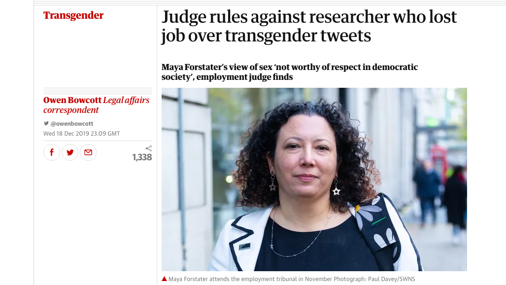 Judge rules against researcher who lost job over transgender tweets (The Guardian)