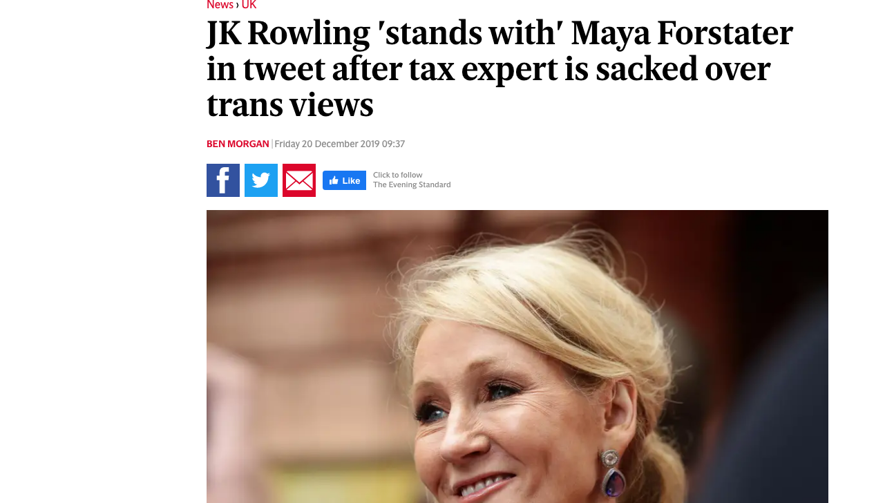 JK Rowling ‘stands with’ Maya Forstater in tweet after tax expert is sacked over trans views (Evening Standard)