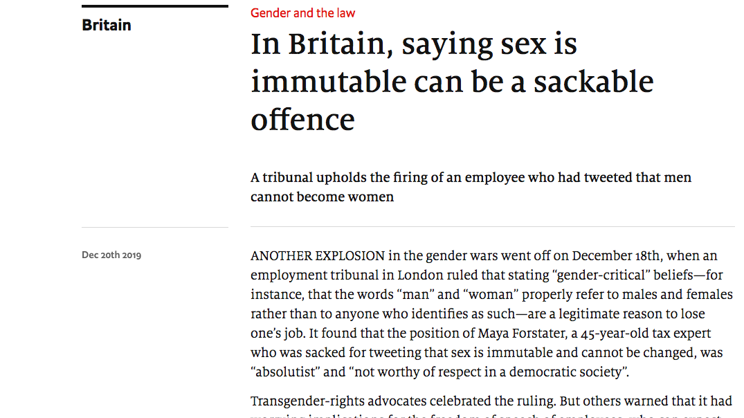In Britain, saying sex is immutable can be a sackable offence (The Economist)