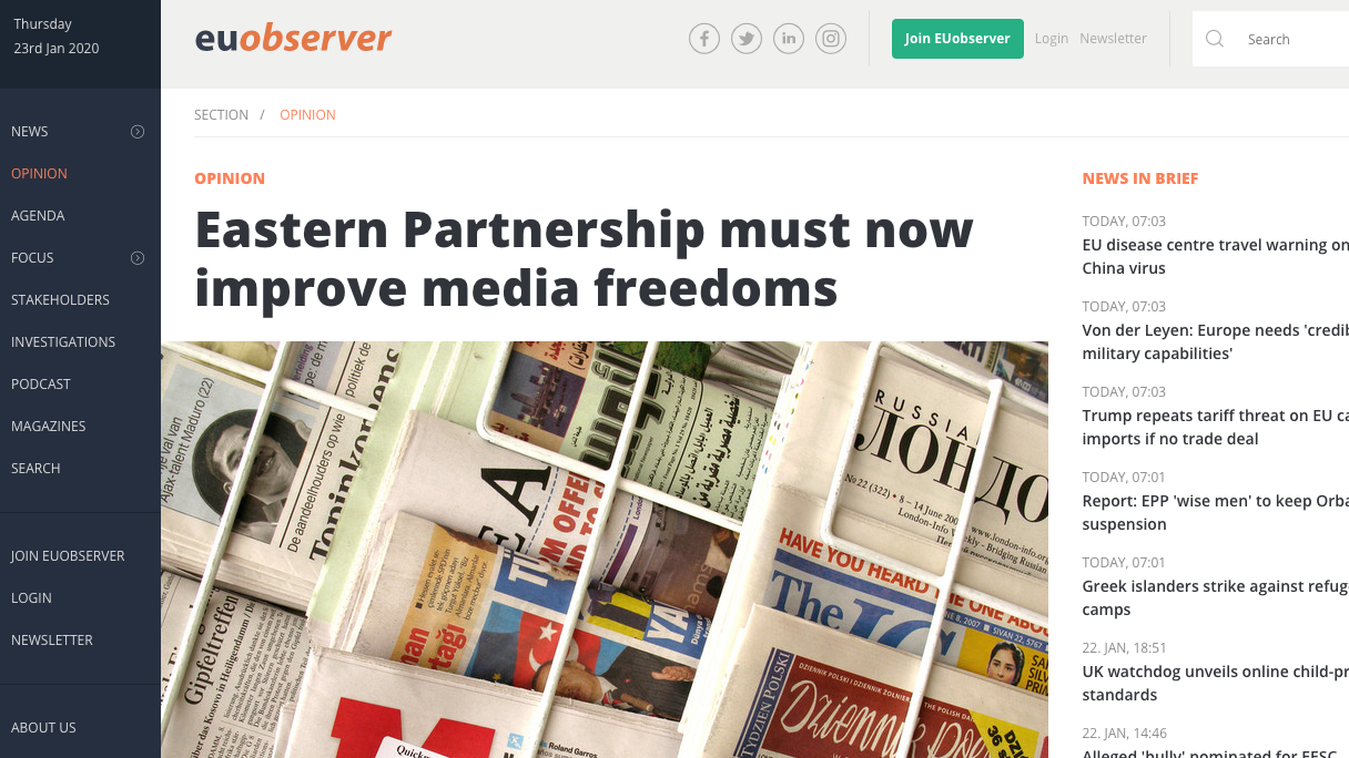 Eastern Partnership must now improve media freedoms (EU Observer)