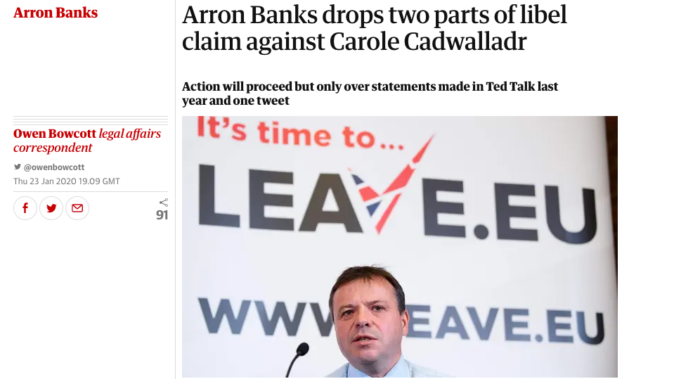 Arron Banks drops two parts of libel claim against Carole Cadwalladr (The Guardian)