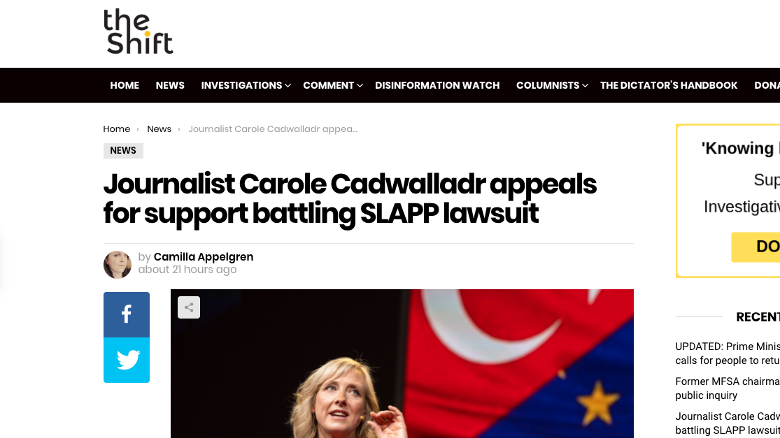 Journalist Carole Cadwalladr appeals for support battling SLAPP lawsuit (The Shift)