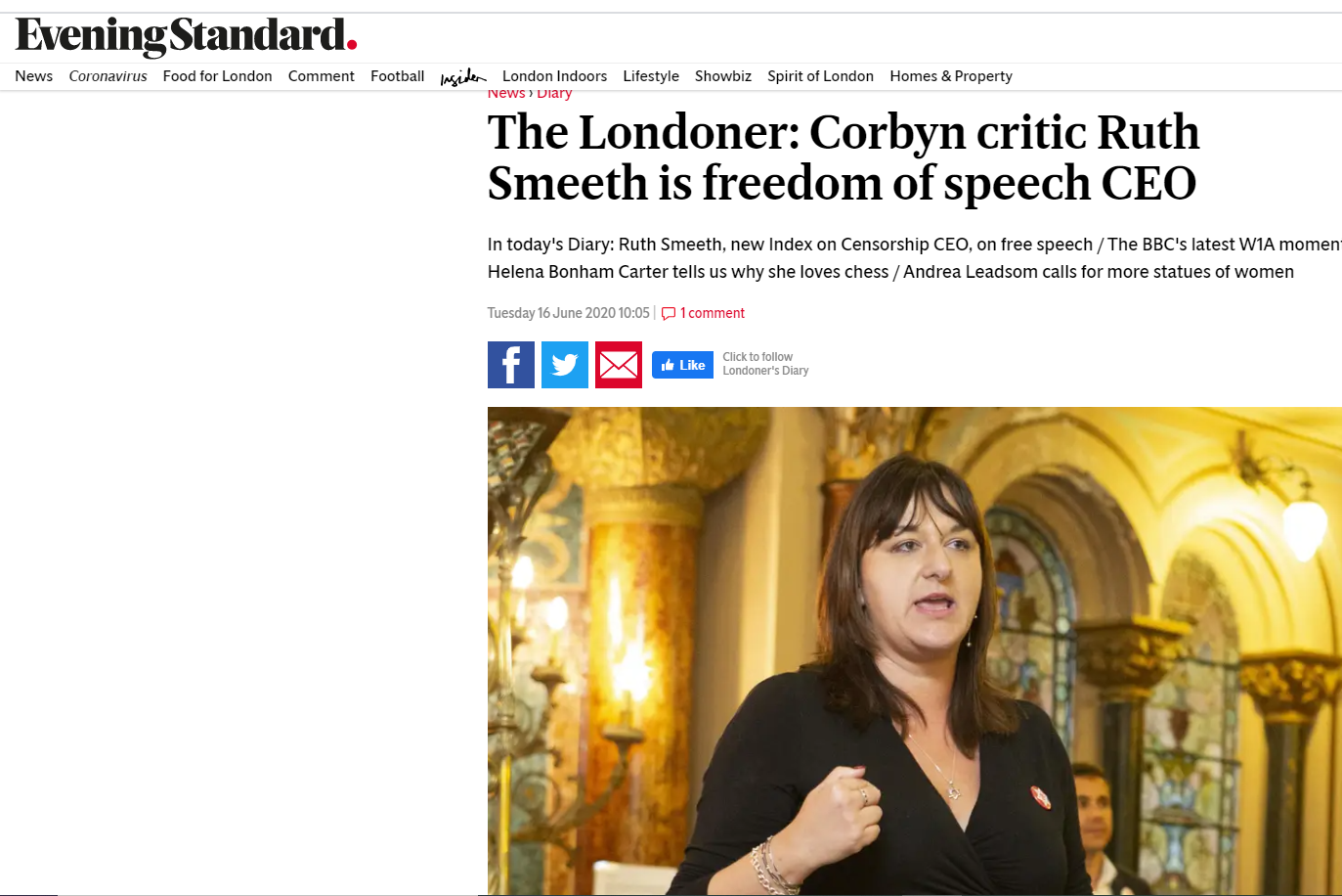 The Londoner: Corbyn critic Ruth Smeeth is freedom of speech CEO (Evening Standard)