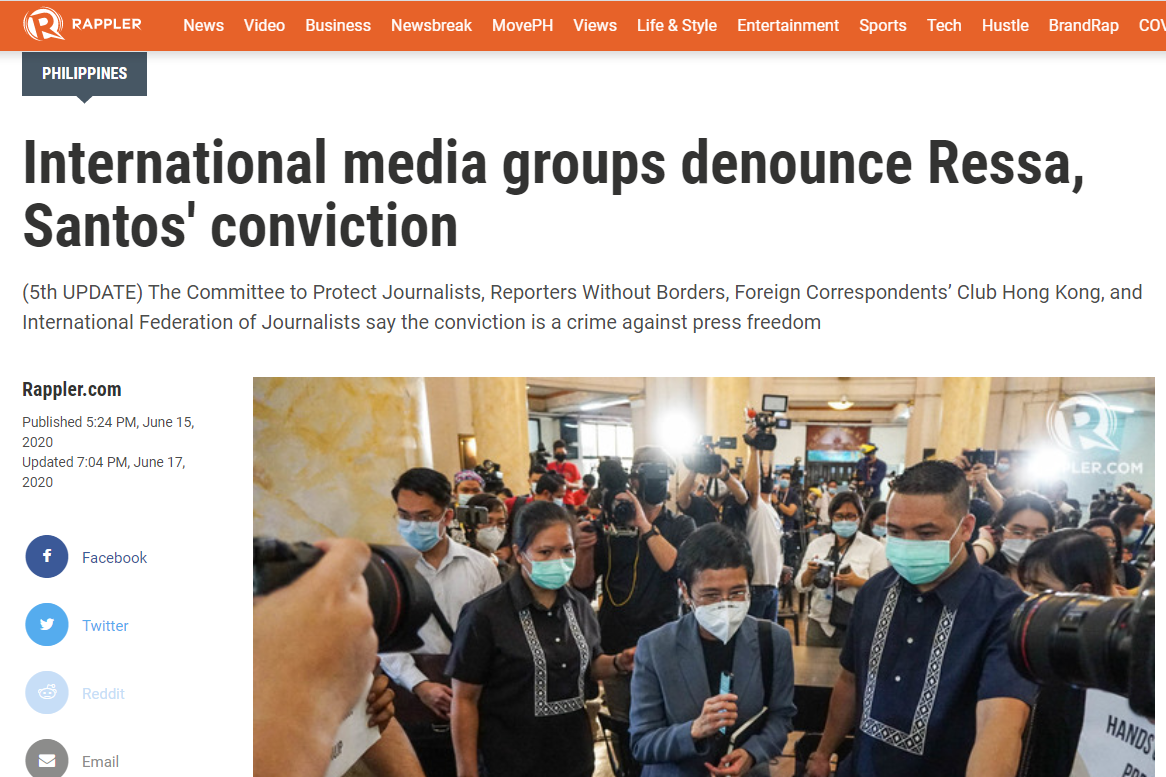 International media groups denounce Ressa, Santos’ conviction (Rappler)