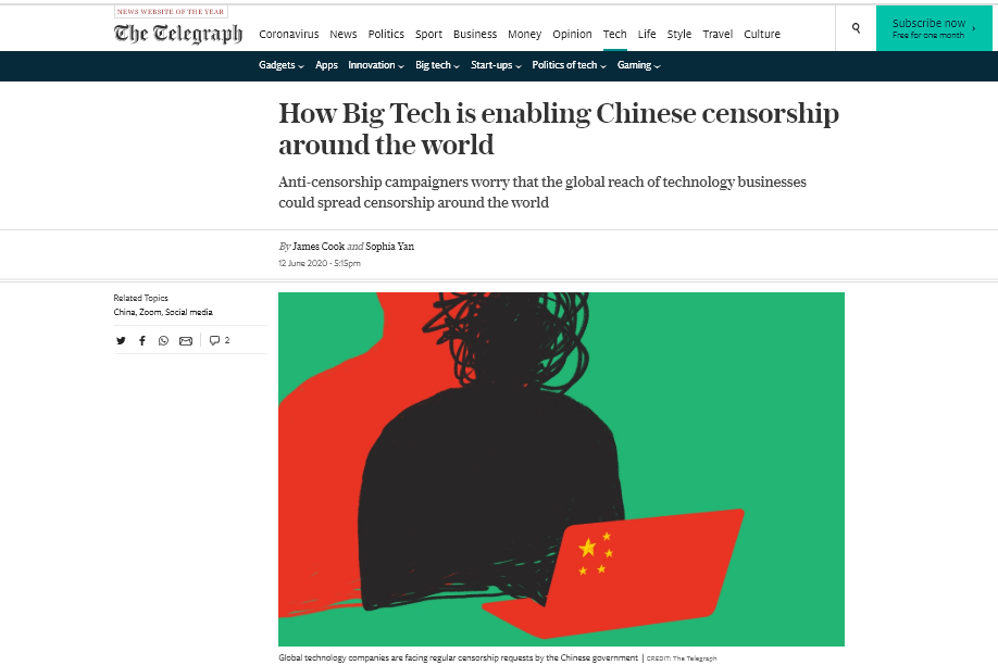 How big tech is enabling Chinese censorship around the world (The Telegraph)