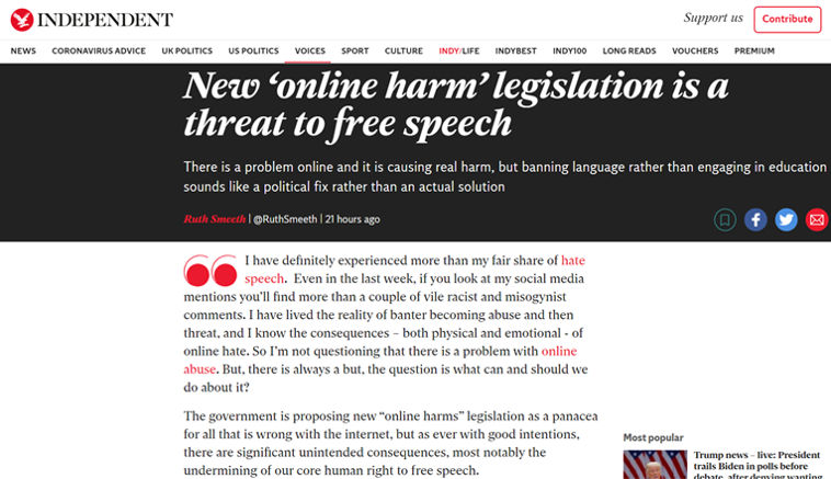 New ‘online harm’ legislation is a threat to free speech (Independent)