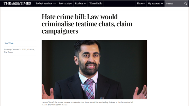 Hate crime bill: Law would criminalise teatime chats, claim campaigners (Times)