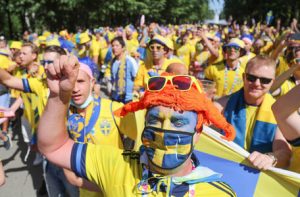 Sweden fans before their match with Slovakia at Euro 2020. Igor Russak/DPA/PA Images
