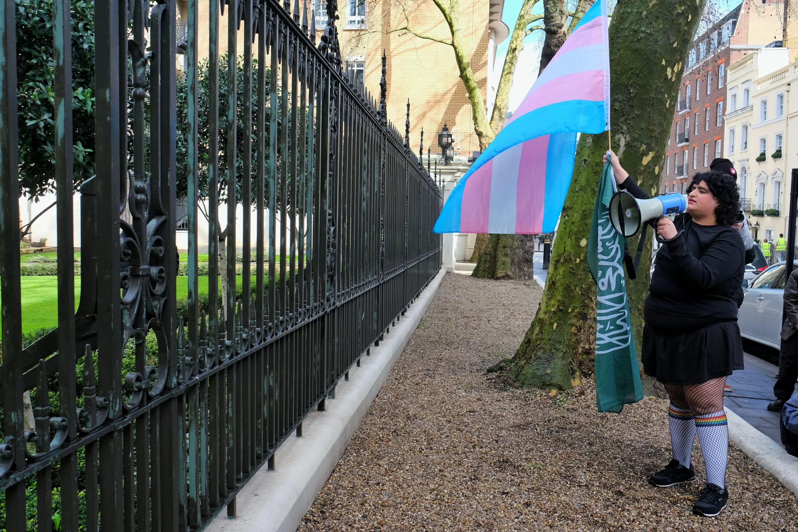 LGBT+ activists stage a protest outside the Saudi Arabian Embassy following the death of Eden Knight, March 2023. Credit: Eleventh Hour Photography/Alamy