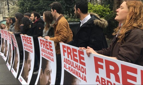 Protesters call for the release of Bahrain human rights defender seven years after his arrest