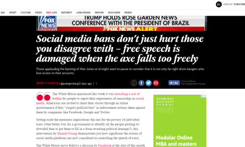 Social media bans don't just hurt those you disagree with – free speech is damaged when the axe falls too freely (Independent, 17 May 2019)